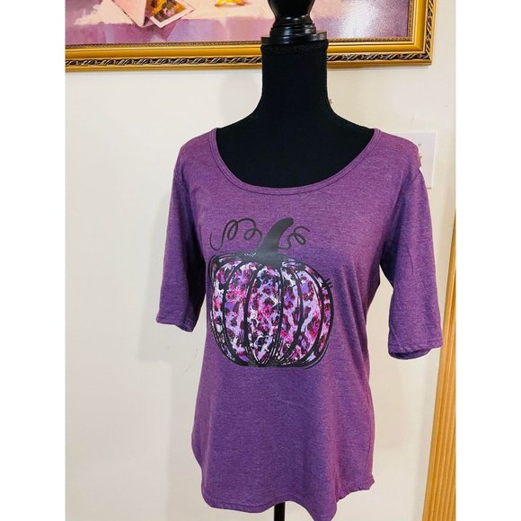 Anvil NWT Purple Cheetah Print Pumpkin Custom Graphic Short Sleeve Size Medium - Picture 4 of 9